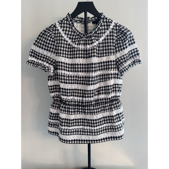 J.CREW Tops - J.Crew Gingham Lace Trim Peasant Blouse XS Cottagecore Puff Sleeve Cotton Top